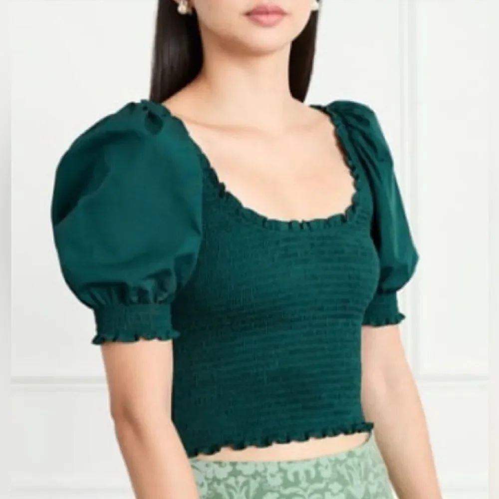 Hill House Dark Green Cottagecore  Puff Sleeve Boho Blouse NWOT
